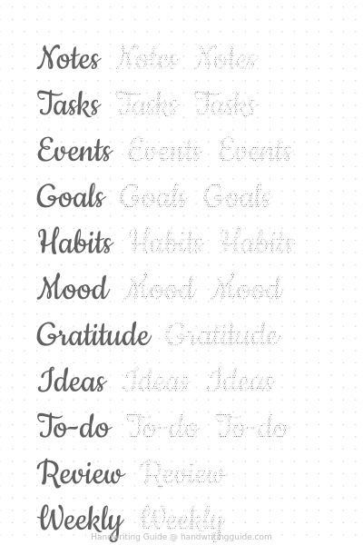 Journal headers in brush script worksheet thumbnail